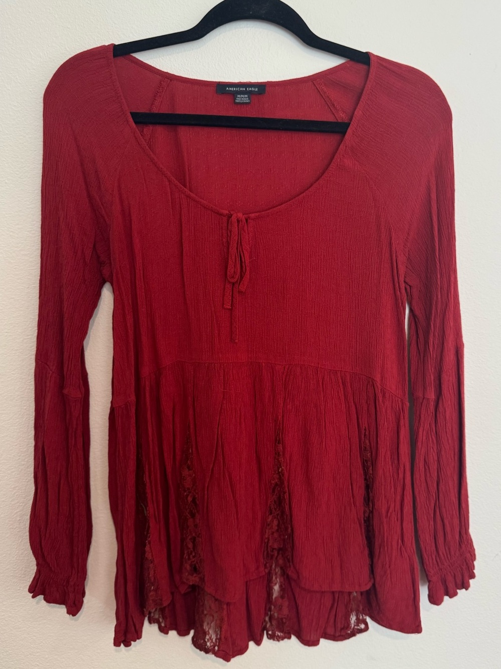 American Eagle Outfitters Red Long-Sleeve Scoop Tie Peasant Tunic
